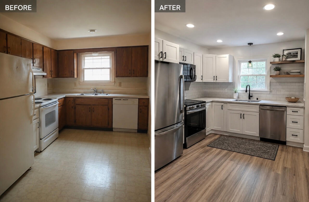 Kitchen before with dated cabinets After with new white cabinets
