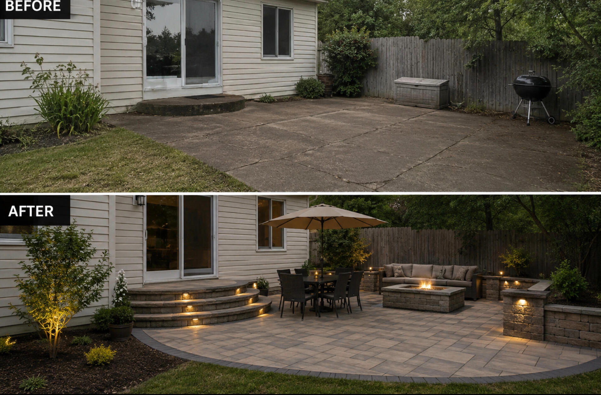 Before outdoor patio with cracked concrete new after with brick pavers